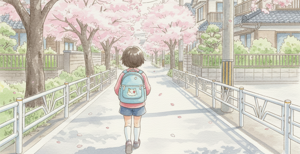 桜並木を歩く少女